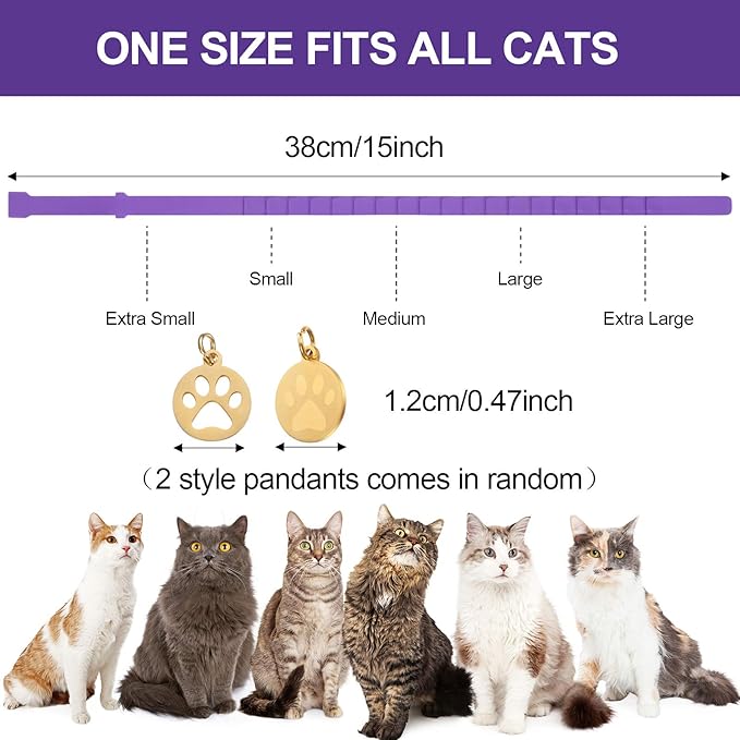 Weewooday 4 Pcs Cat Calming Collar Adjustable Pheromones Scent Relaxing Cat Collar with 2 Pendant for Puppies Reduce Stress Aggression Anxious, up to 15 Inches(Purple, Gold)
