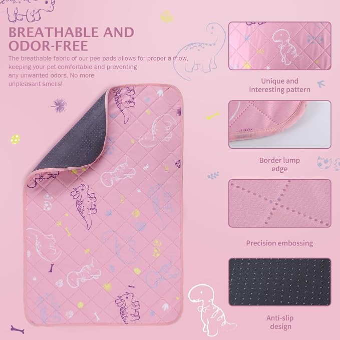 IEUUMLER Washable Pee Pads for Dogs, 2 Pack Non-Slip & Waterproof Pack Whelping Pad, Reusable Washable Puppy Potty Training Pad with Fast Absorbent for Playpen EU007 (Pink Dinosaur, 30"X20"-2pcs)