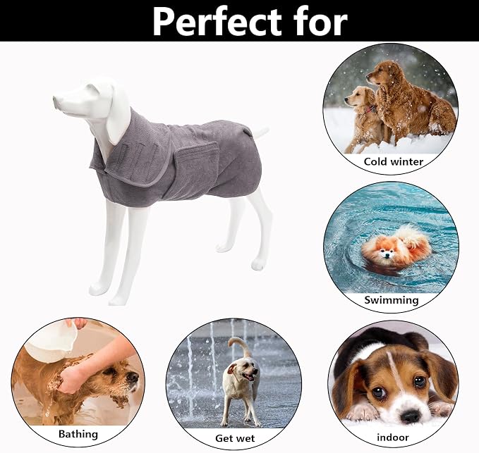 Geyecete Dog Drying Coat - Fast Drying Dog Bathrobe Towel - Microfibre Super Absorbent Pet Cat Bath Robe, Luxuriously Soft Gray XL
