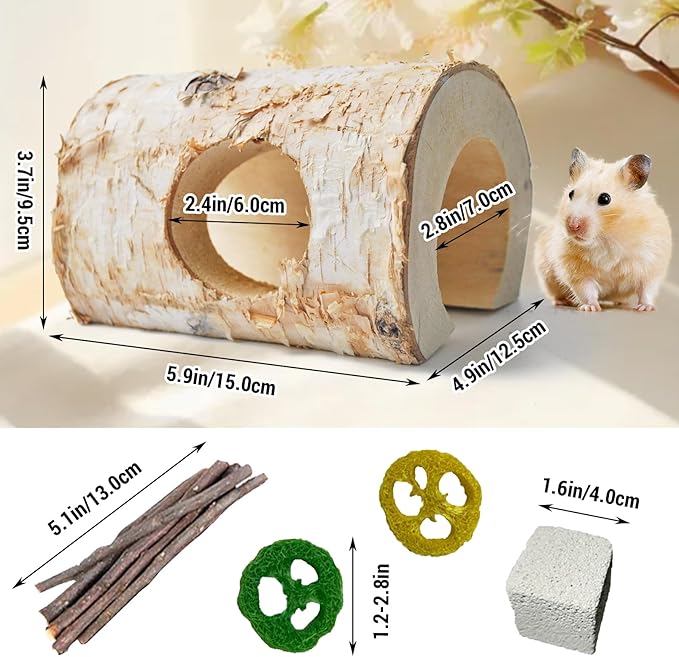 Natural Wooden Hamster Tunnels,Birch Wood Hamster Tube Guinea Pig Hollow Tree Hole Chew Toy Hideout Climbing Pet Cage Accessories for Hamsters Chinchillas Gerbils Dwarf Mice Rats