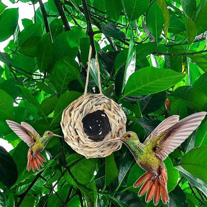 TIHOOD 4PCS 5.5inch Hanging Hummingbird Nest House for Outside, Ball Shape, Hand Woven, Durable Sturdy, Made of Natural Grass, Perfect for Garden Patio Lawn Office Indoor