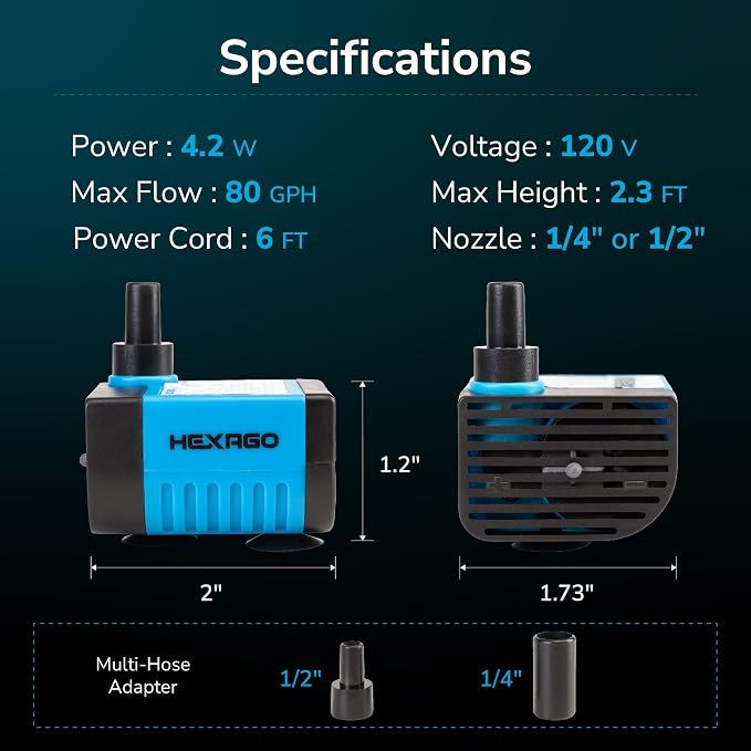 Hexago Small Fountain Pump, 80GPH (4.2W 300L/H) Mini Submersible Pumps, 3 Outlet Adapters, Submersible Water Fountain Pumps for Aquariums, Fish Tank, Tabletop Fountain, Pet Fountain and Hydroponics