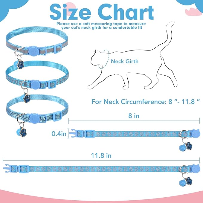 BINGPET Reflective Cat Collar Breakaway with Bells,3 Pack Kitten Collar for Girl Boy Cats with Cute Pendant Glow in The Dark,Adjustable 8''-11.8'',Blue