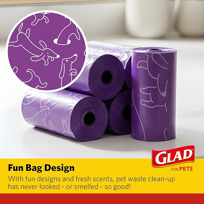 Glad for Pets Scented Dog Waste Bags, Tear-Resistant Pet Poop Pick-up Bags with Leak Protection, Fresh Lavender Scent, Fun Purple Bag Designs, 6 Rolls, 90 Bags Total