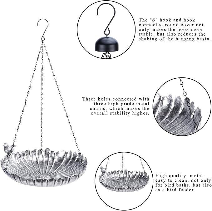 VCUTEKA Hanging Bird Baths for Outdoors, Metal Bird Bath for Outside Birdfeeder for Garden, Patio, Back Yard Decoration, Silver