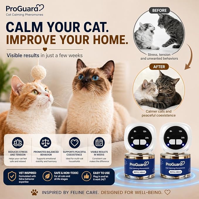 ProGuard® Cat Calming Diffuser Kit with Timer – Advanced Support to Reduce Stress, Spraying, Scratching, Fighting and Hiding – Cat Pheromone Diffuser 9-in-1 with 3 Diffusers with Timer + 6 Refills
