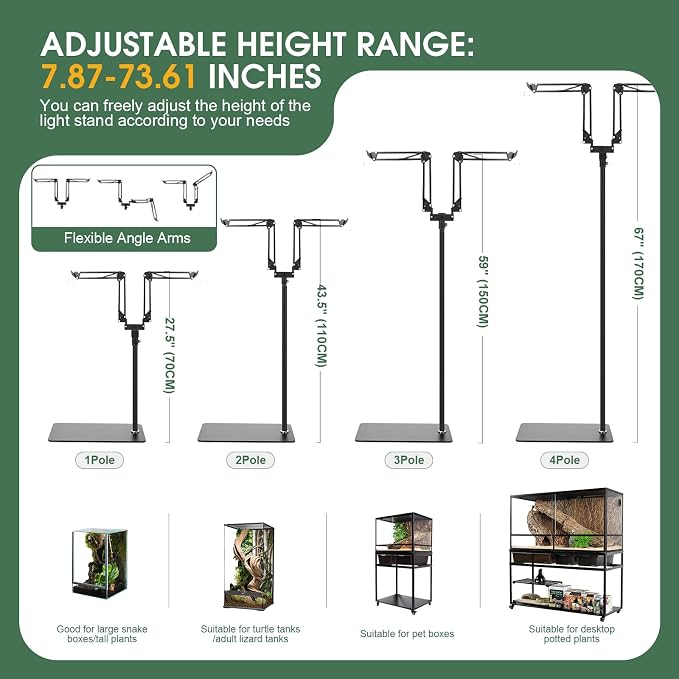 MECESOR Dual Reptile Lamp Stand,15.7-74.3 Inch Height Adjustable Reptile Light Stand,360°Rotatable Flexible Arms,Heat Lamp Stand for Reptiles Tank,Terrariums,Amphibian Cages&Plants