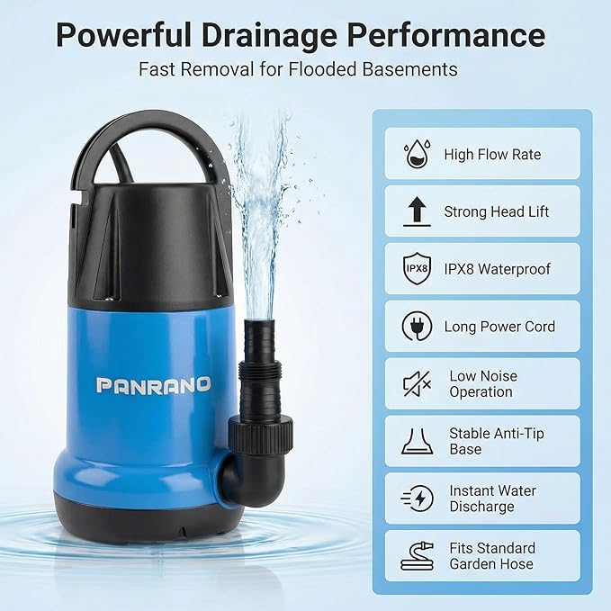 Sump Pump 1HP Submersible Clean Dirty Water Pump 3700GPH Portable Draining Pumps for Pool Hot Tubs Basement Water Transfer, Light Blue