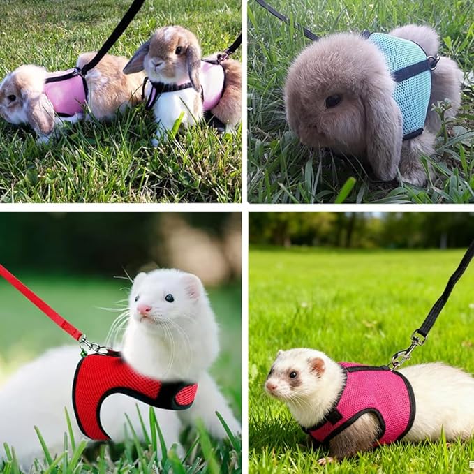 Rabbit Harness and Leash Set Escape Proof, Soft Bunny Mesh Vest Adjustable Buckle for Ferret Guinea Pig Hamster Walking Small Animal Pets Rat, Blue M