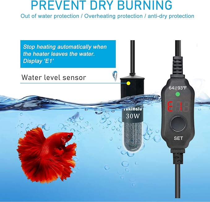 YukiHalu Super Mini Aquarium Heater, 10W 20W 30W Adjustable Fish Tank Heater with External Controller, Overheating Protection, Digital Display, Used for 0.5-3 Gallons(30 watts)