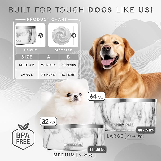 FAHRMOSIS 64 OZ Dog Bowl with Slow Feeder Insert Stainless Steel Pet Water Bowl for Medium & Large Breed Non Slip Rubber Base & Plastic Puzzle Feeder - White Marble