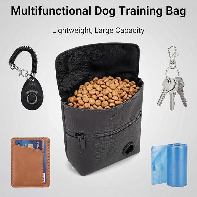 Dog Treat Pouch and Dog Training Clicker, Treat Bag with Poop Bag Dispenser, Powerful Magenetic Clasp, Metal Clip Waist Belt Fanny Pack for Pet Walk Dog Training (Dark Grey)