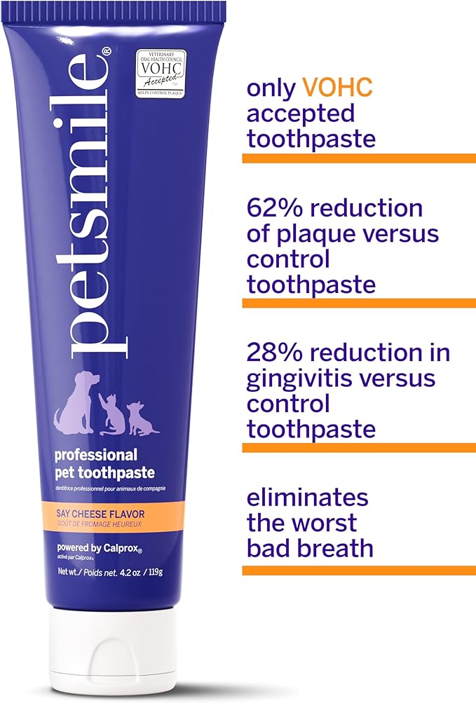 Petsmile Professional Pet Toothpaste for Cats & Dogs - VOHC Accepted Toothpaste - Clinically Proven to Control Plaque & Tartar Calprox Formula (Say Cheese, 4.2 Oz)