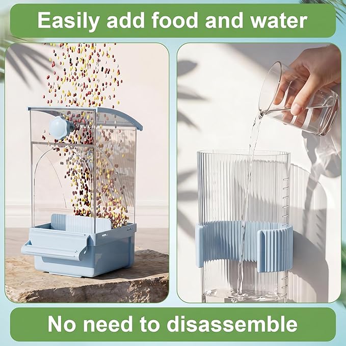 Novabright No Mess Bird Feeder Water Dispenser Set, Automatic Transparent Bird Food Container and 12 oz Automatic Water Feeder for Small Birds Parrot, Cockatoo, Canary, Cage, Lovebird, Budgies(Blue)
