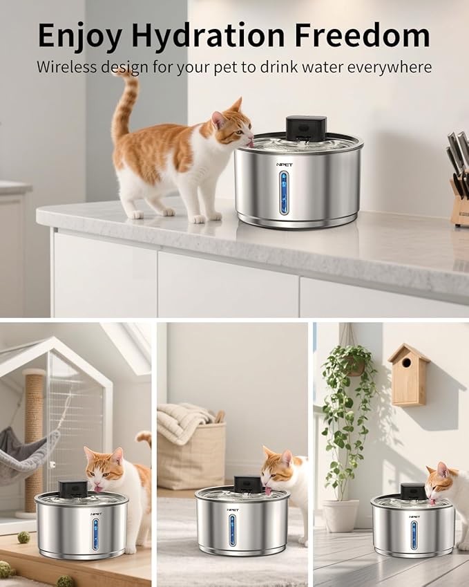 NPET Wireless Cat Fountain Stainless Steel, 1Gallon/135oz Battery Operated Automatic Pet Drinking Fountain - Cordless Dog Water Dispenser with 4 Replacement Filters for Cats Indoor