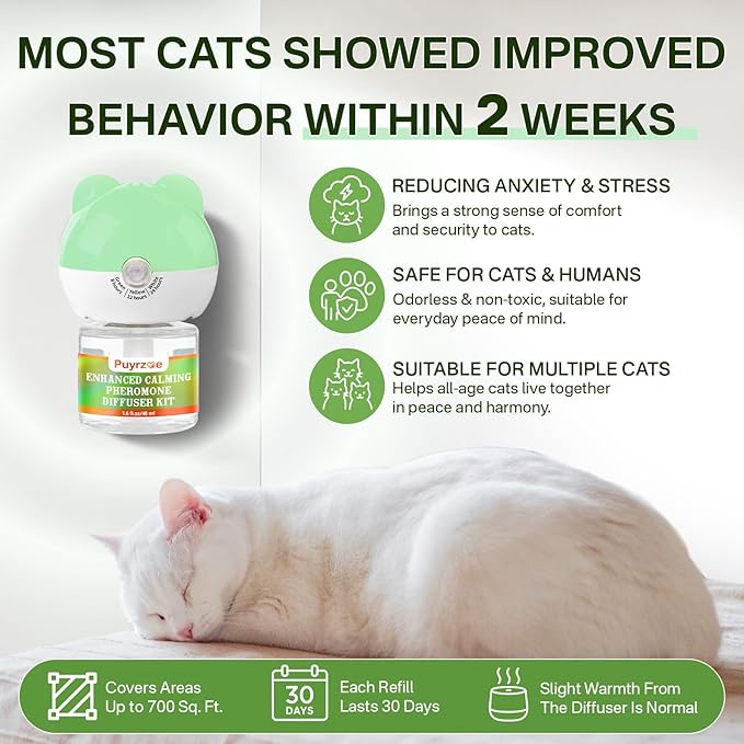 puyrzoe Cat Calming Diffuser with Timing Function, 3-in-1 Cat Pheromones Calming Diffuser Kit, 60-Day Anxiety Relief, Stress Relaxation Cat Pheromone Diffuser for All Cats (1 Diffuser + 2 Refills)