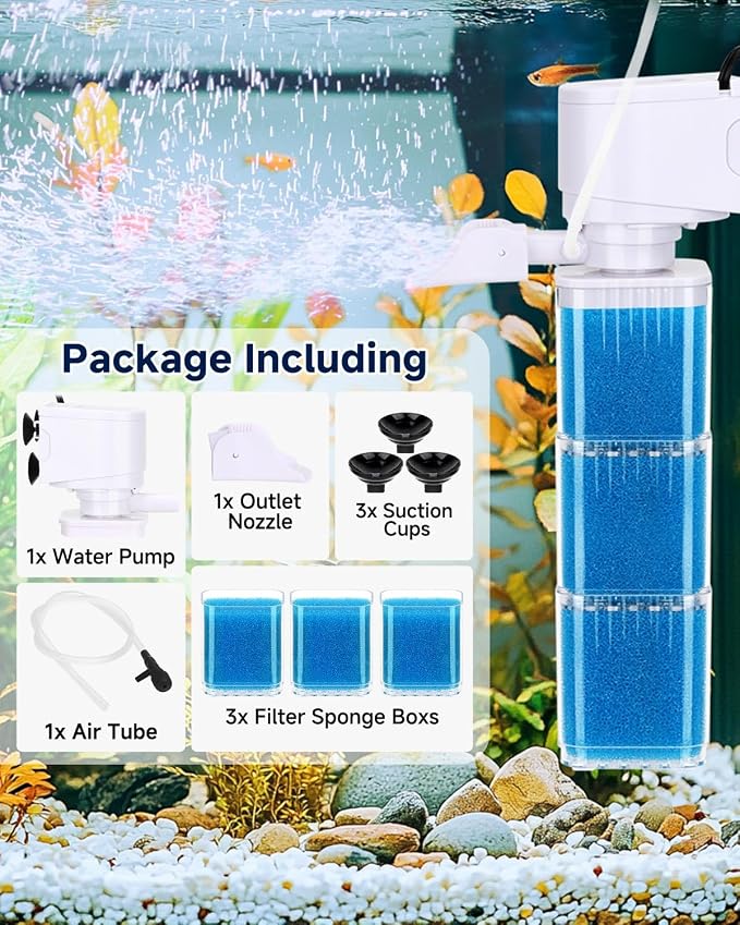 fishkeeper 4-in-1 Mutil Stage Aquarium Power Filter, 6W/8W/13W, 20-100Gal | Quiet Submersible Fish Tank Filter with Filtration/Bubbler/Oxygenation/Wavemaker Function, Adjustable Air Flow, Sponge Filter