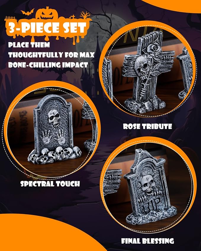 Uniclife 3 Pcs Halloween Miniature Tombstones Decorations, Halloween Fish Tank Decor, Resin Mini Tombstones Figurines, RIP Cross Skull Graveyard Gravestones, Small Spooky Town Village Accessories