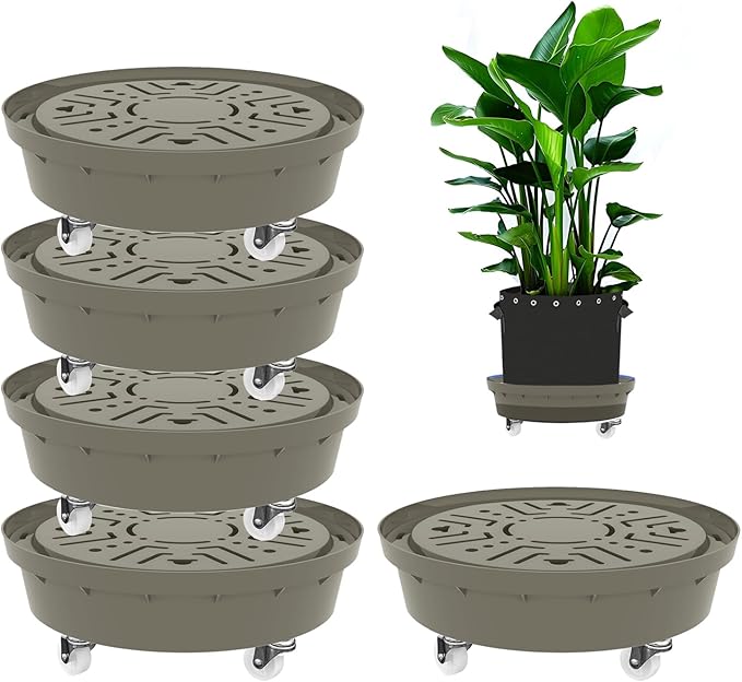 Self-Watering Base with Visible Water Level,5-Pack,Keeps Leaves and Flying Insects Out,Maintains Water Quality, Equipped with Rollers for Easy Movement and Rotation, Brown.