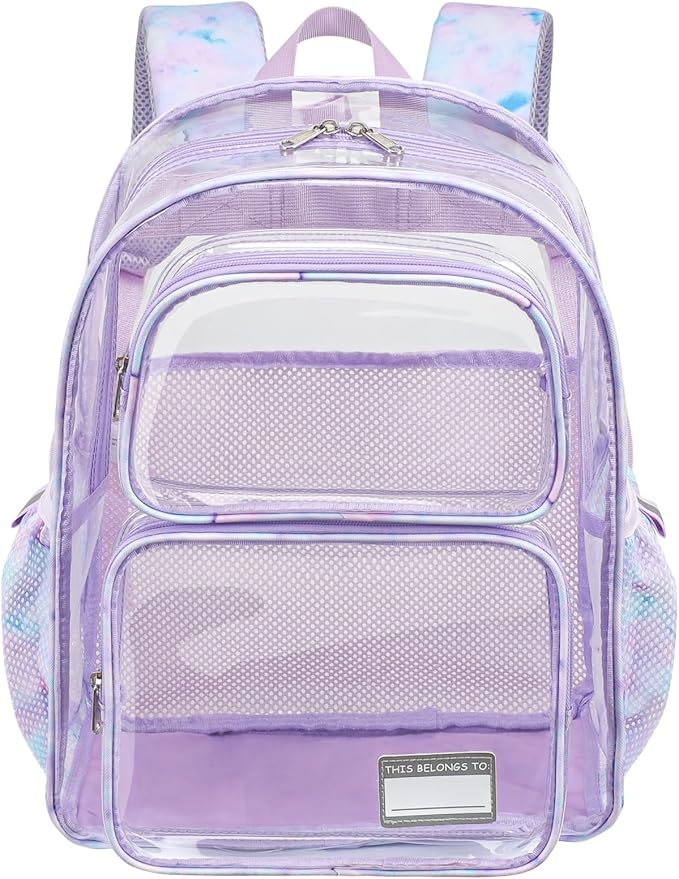 Clear Backpack for Girls, 15 Inch Heavy Duty Transparent Bookbag for Kindergarten to 2nd Grade, PVC See Through Daypack with Reflective Straps, Fits Standard Folders, Purple Tie-dye