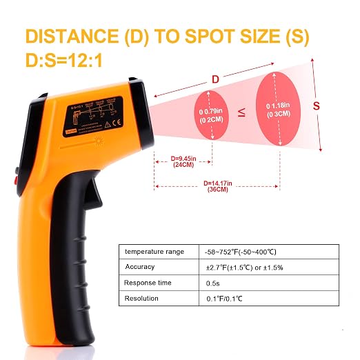 Digital Infrared Thermometer Tool Gun with Adjustable Emissivity Non-Contact Laser Temperature Gun with Max/Min Measure for Kitchen Cooking Industry Automobile -58°F ~ 752°F