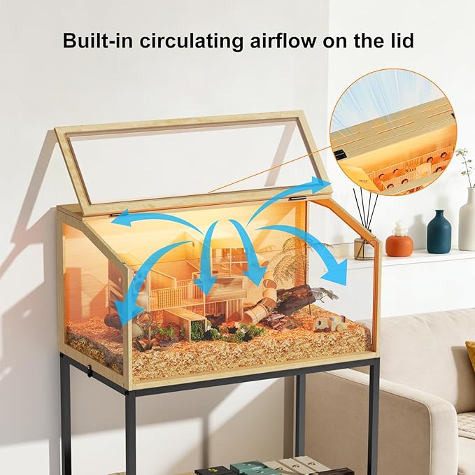 Hamster Cage: Wooden Small Animal Cage with Warm Light and Storage Shelf - 32” Large Clear Hamster House Chewy Proof with Openable Breathable Top