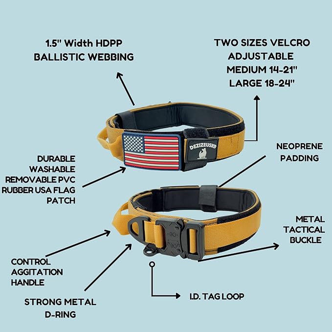 Tactical Dog Collar with Handle, American Flag Patch, 1.5 Inch Wide Thick Heavy Duty Nylon, Quick Release Metal Buckle, Customizable Name Plate, Ideal Dog Collars for Medium to Large Breeds K9 Harness