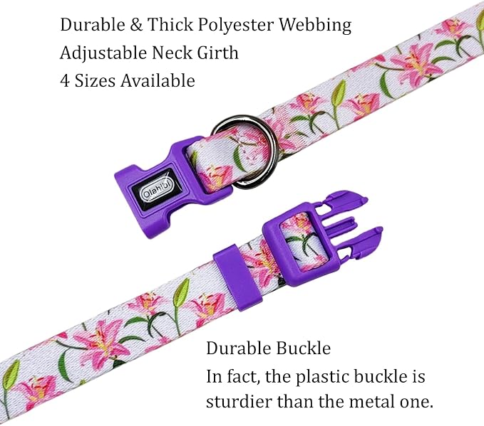Dog Collar Leash Set, Floral Pattern, Polyester Material, Adjustable Collar and 5ft Matchcing Leash, for Large Dogs.(L, Purple Lily)