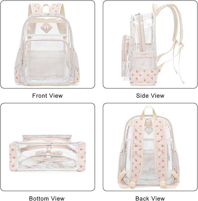Clear Backpack for Girls Women School Bookbag Heavy Duty Transparent Backpacks (Corduroy Flowers Pink)