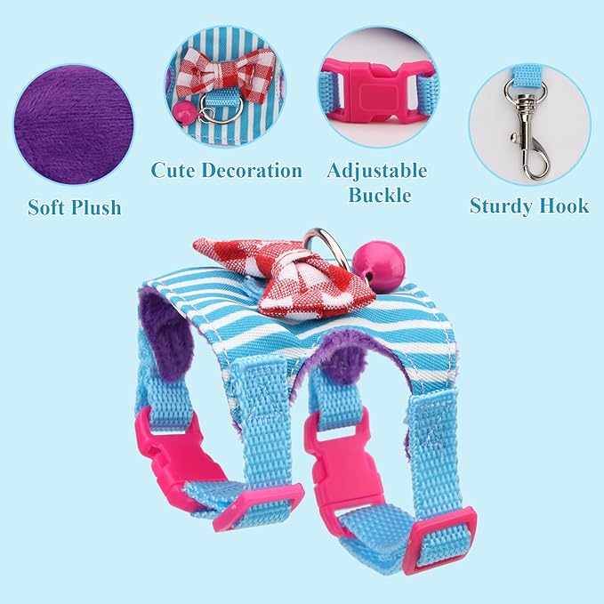 Hypeety Small Animal Harness Vest and Leash Set Soft Mesh Small Pet Harness Hamster Rabbit Chest Back Outdoor Leash Traction Rope for Rabbit Ferret Guinea Pig Kitten Clothes Accessory (M, Blue Stripe)