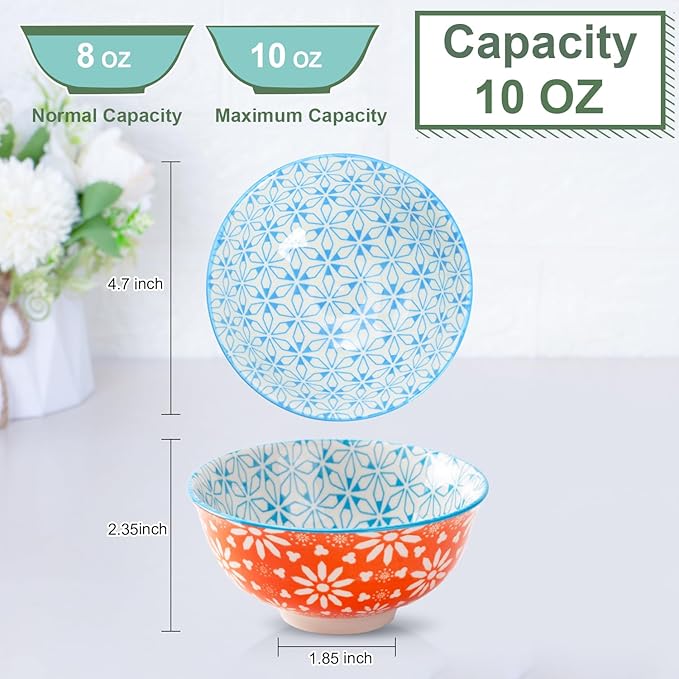 AntoKueh Set of 6 10oz Colorful Ceramic Bowls – 4.7-inch Small Bowls Perfect for Snack, Dessert, Sauce, or Dipping. Microwave & Oven Safe Porcelain