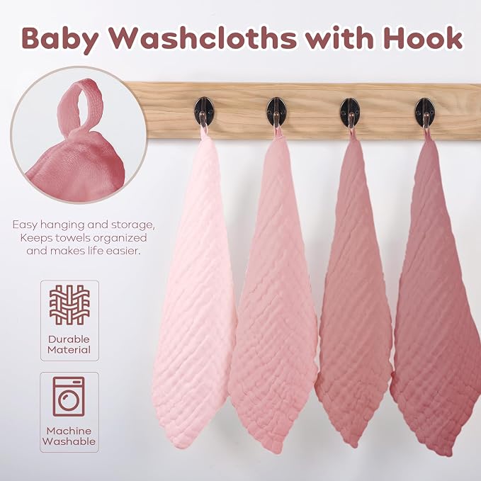 Yoofoss Muslin Baby Washcloths 100% Organic Cotton Face Towels 10 Pack Wash Cloths for Baby 12x12in Soft and Absorbent Baby Wipes (Gradient Pink)