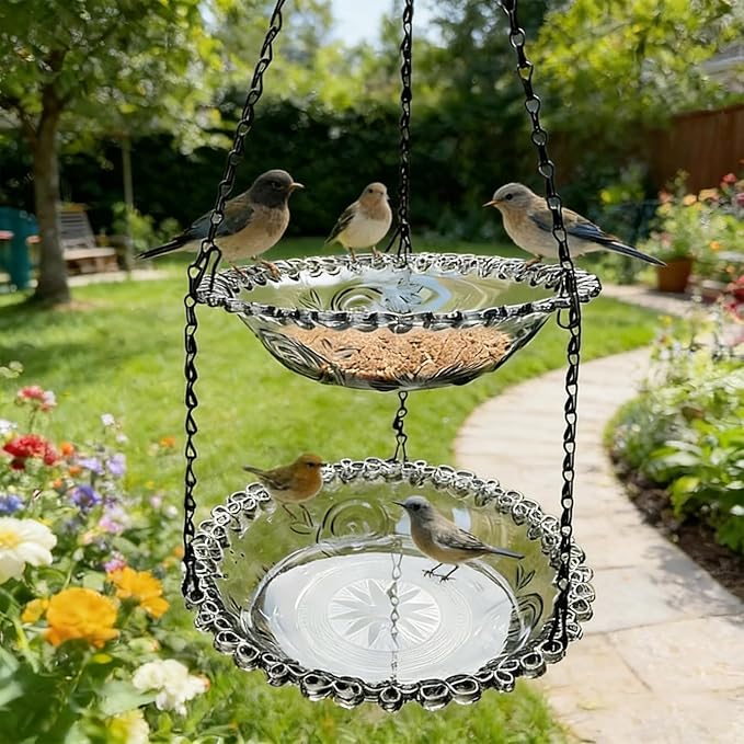 2-Tier Hanging Bird Feeder & Bird Bath, Gray Plastic Hanging Bird Bath for Outside, Outdoor Bird Water Bowl for Garden Yard Patio Decor