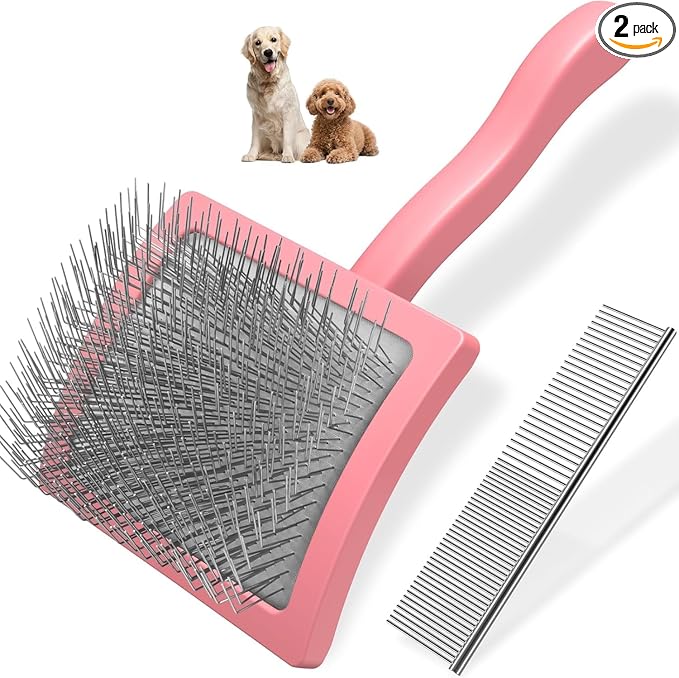 2PCS Slicker Brush for Dogs & Pet Comb,Professional Dog Grooming Brush (Goldendoodles,Poodles,Labradoodles) with Extra Long Pins to Effectively Remove Tangles, Knots and Mats (Light Pink, Large)