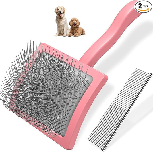 2PCS Slicker Brush for Dogs & Pet Comb,Professional Dog Grooming Brush (Goldendoodles,Poodles,Labradoodles) with Extra Long Pins to Effectively Remove Tangles, Knots and Mats (Light Pink, Large)
