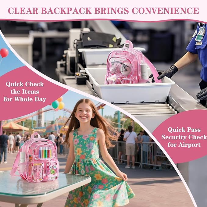 Mini Clear Backpack for Stadium Approved 12x6x12, Small Transparent Backpacks Plastic See Through Clear Bag for Kids Girls Women for Sporting Event, Concerts, Work, Festival (Strawberry)