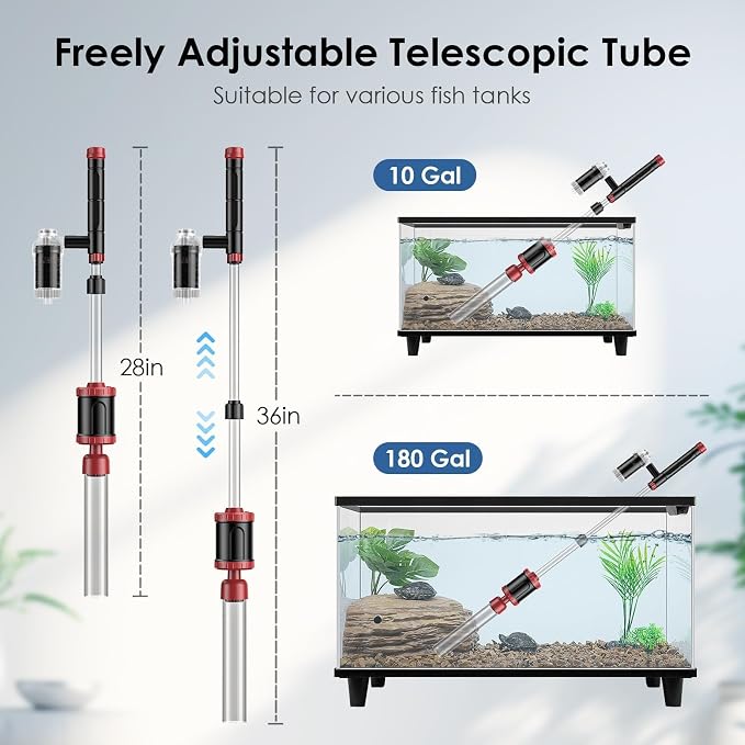 AKKEE Aquarium Vacuum Gravel Cleaner, 36W Electric Fish Tank Cleaner Vacuum, 8 in 1 Multifunctional Aquarium Cleaner for Automatic Water Change, Wash Sand, Water Circulation and Timed Off