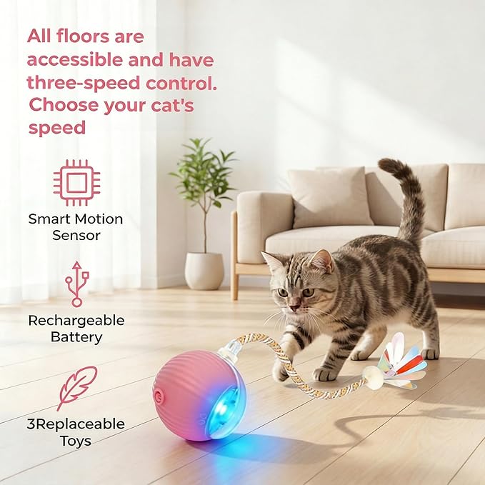 Rechargeable Smart Rolling Cat Ball, Automatic Interactive Cat Toy with 3 Modes, LED Light & 3 Replaceable Accessories, Indoor Cat Exercise Toy for Kittens & Adult Cats, for Boredom Relief Pink