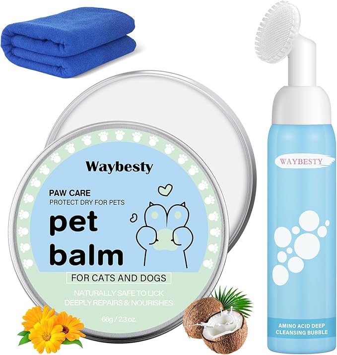 Lick-Safe Dog Paw & Nose Balm with Coconut Oil | 2.3oz Natural Wax, 1 Pcs Dog Paw Cleaner & Towel | Natural Moisturizer for Dry, Cracked Pads & Snout | Winter Snow, Road Salt & Hot Pavement Protector