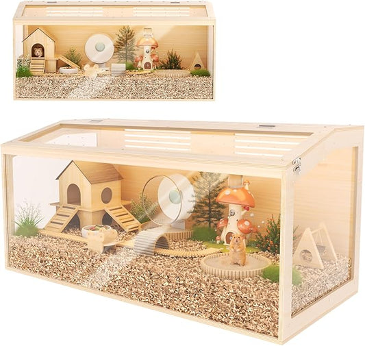 Wooden Hamster Cage, 40inch Large Hamster Cage Enclosure with Openable Top & Thickened Acrylic for Small Animals, Guinea Pig, Rabbit, Rat, 40"L x 20''W x 20''H Hamster Habitat with Multi-vent