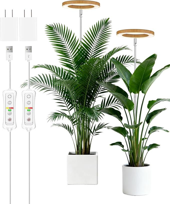 Grow Light for Large Indoor Plants, Full Spectrum LED Plant Light, Height Adjustable for Tall Plants, Auto On/Off Timer, 5V Safe Low Voltage Wood Grain Grow Lamp for Home & Office