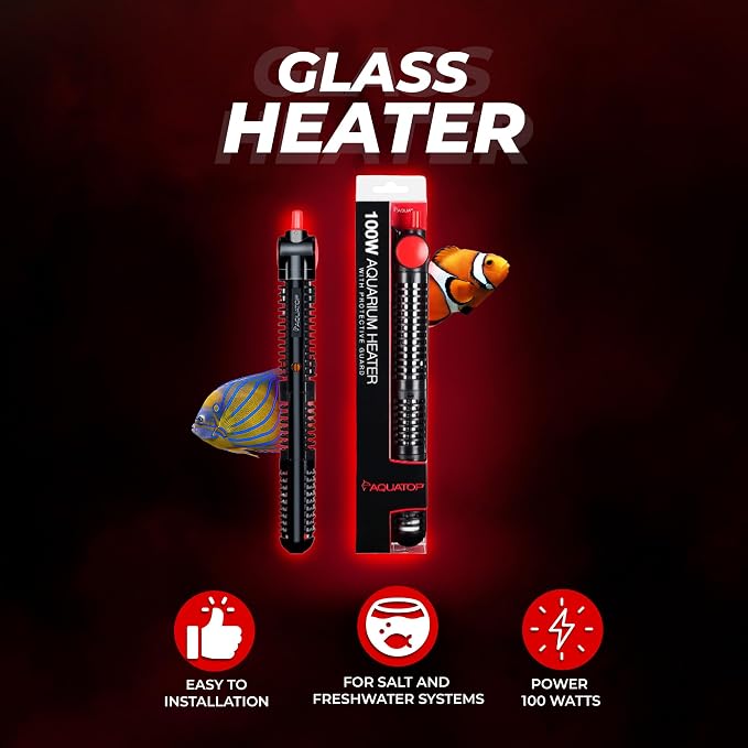 Aquatop 100W Premier Glass Heater with Guard – Submersible for Fish Tanks Up to 25 Gallons – 68-93°F Adjustable Temp – Fresh & Saltwater Use