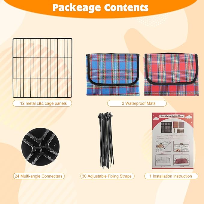 FHTONGE Large Guinea Pig Cage Habitat with 2 Pcs Waterproof Bedding, 8Sq Ft Guinea Pig Playpen with Mat, Metal Small Animal Playpen with Mat for Hamster Hedgehog Dwarf Rabbit (12 x Cage Panels)