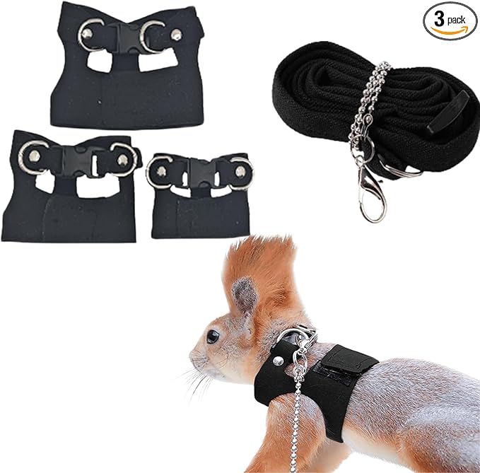 3 Pack Squirrel Harness and Leash Set - Adjustable Traction Rope Strap Anti-Biting Chain,Small Animal Training Walking Vest Leash for Squirrel Gerbil Chinchilla Rat (Black)