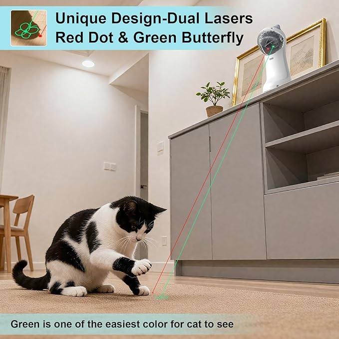 Waputne Motion-Activated Automatic Cat Toy, Unique Double Light Green&Red, 4 Speed Modes,Rechargeable Interactive Cat Toy for Indoor Cats（Red Dot+ Green Butterfly）