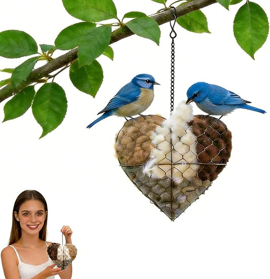 Handmade Alpaca Fiber Bird Nesting Heart - Weather Resistant Wild Bird Nesting Material Holder with Refillable Soft Fibers and Hanging Chain for Hummingbirds, Finches & Wrens (7.1*7.1*2.8in)