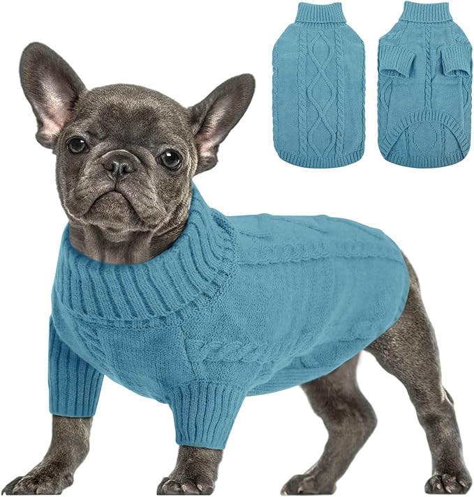 Queenmore Small Dog Pullover Sweater, Cold Weather Cable Knitwear, Classic Turtleneck Thick Warm Clothes for Chihuahua, Bulldog, Dachshund, Pug (Peacock Blue, X-Large)
