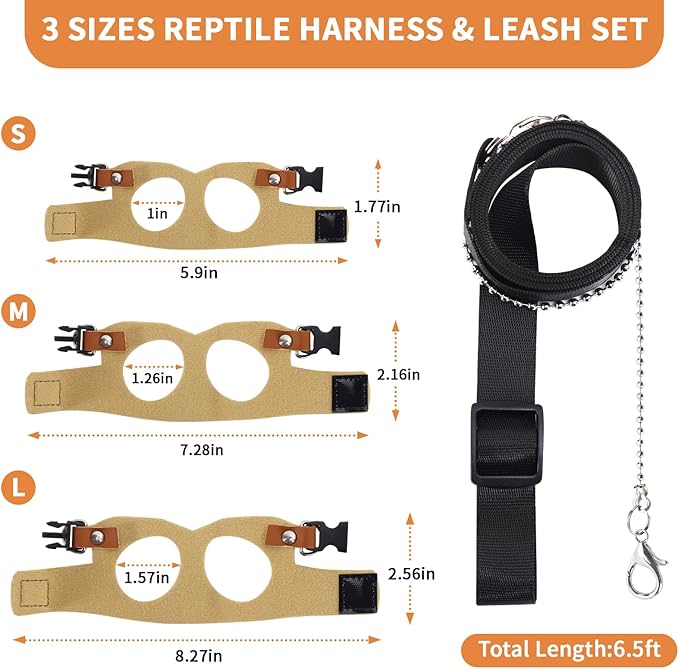 3 Pack Bearded Dragon Leash and Harness Set for Small Animals, 6.5FT Leash with 3 Sizes Adjustable Harness for Lizard Walking Adventure, Soft Vest Clothes for Squirrel Reptile Lovers -Brown