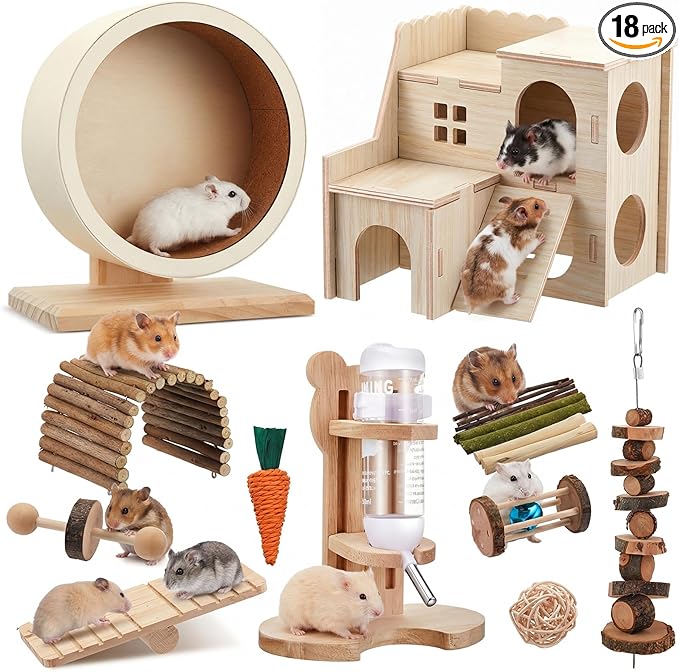 18 Pcs Hamster Cage Accessories, Silent Hamster Wheel, 15 Chew Toys Set, Maze Wood House and Water Bottle Set for Rat Mice Small Animals Habitat (Harmony Wooden Style)