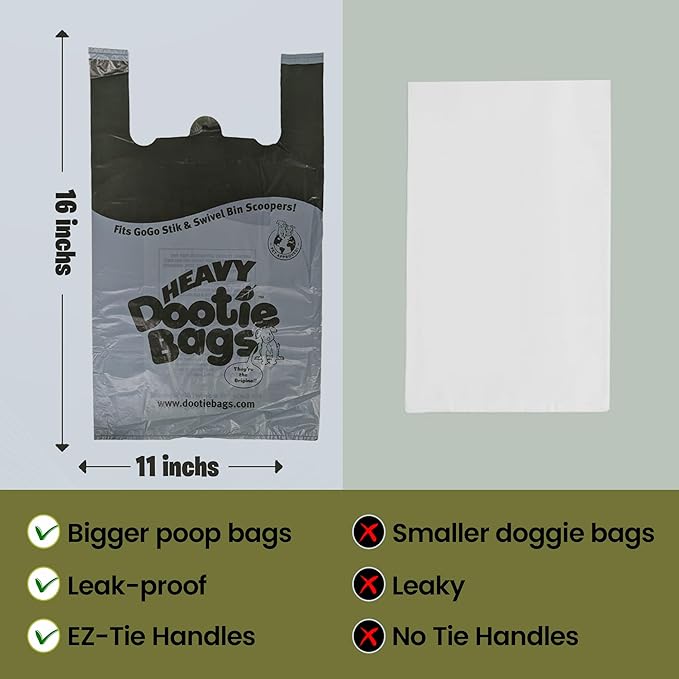 HEAVY Dootie Bags with EZ Tie Handles. Clean and Convenient for Pet Dog Poop, Cat Litter. Multi-Use. Great for Swivel Bin and Gogo Stik Scoopers. Made with Cornstarch. Strong, Leakproof and Very Large